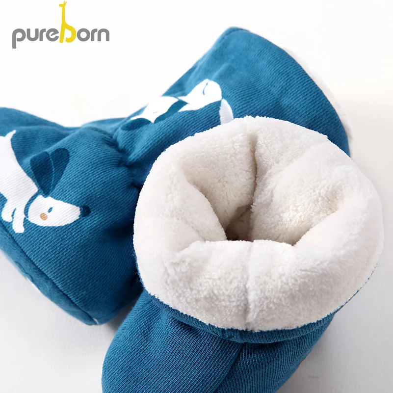 Pureborn/Обувь для новорожденных девочек с флисовой подкладкой; хлопковые ботинки для маленьких мальчиков; обувь для первых шагов; мягкие теплые тапочки на зиму