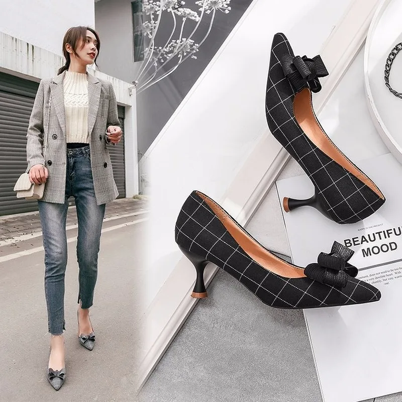 

2020 Spring High Heels Women Pumps Pointed Toe Shoes Woman Plaid Thin Heel Ladies Shoes Slip on Bow Knot Fashion Wedding Shoes