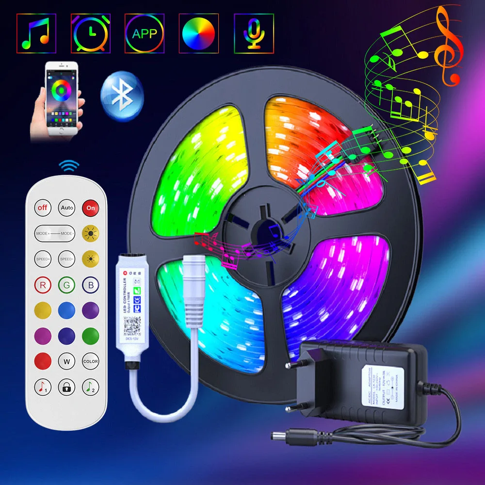 Tira de luces LED de 25M, 10M, 5050 RGB, cinta de diodos a prueba de agua, 5M, flexible, adaptador DC 12V + mando a distancia IR o Bluetooth rgb