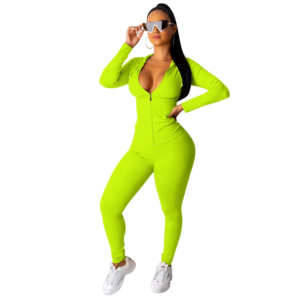 Осень, Женский однотонный топ на молнии с длинным рукавом и капюшоном, брюки-карандаш, комплект из двух предметов, повседневный спортивный костюм - Color: Green