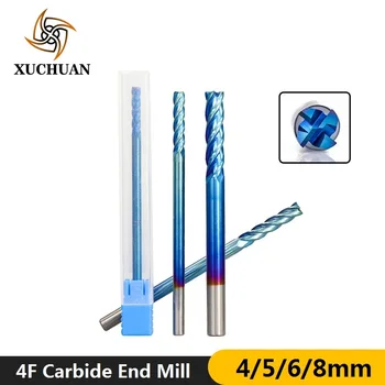 

4 Flute End Mill HRC 50 Tungsten Carbide End Mill Metric Nano Blue Coating CNC Router Bit 4/5/6/8mm 100L Long Carbide Router Bit