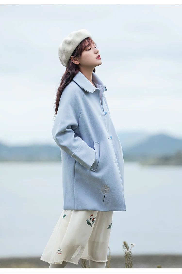 Японский Мори девушка осень зима для женщин шерстяное пальто зеленый абрикос синий цветочный Вышивка манто Femme элегантный карманы