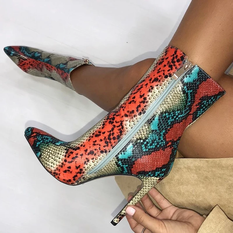 

2019 New Women 11.5cm High Heels Boots Fetish Pointed Toe Boots Serpentine Zip Ankle Boots Prom Autumn Snake Print Stripper Shoe