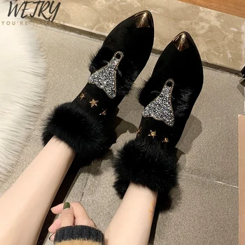 

fox pattern winter flat loafers women metal pointed toe glitter fur moccasins brand design ballet flats ladies shoe