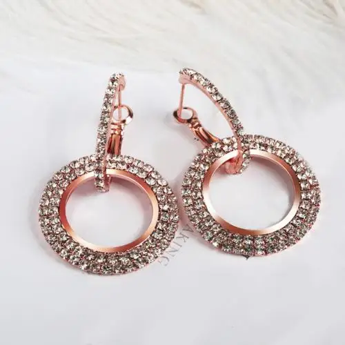 Rose Gold Женские длинные висячие круглые серьги, стразы Huggie, ювелирные изделия, подарок, минималистичные серьги three c, модные - Окраска металла: Rose Gold