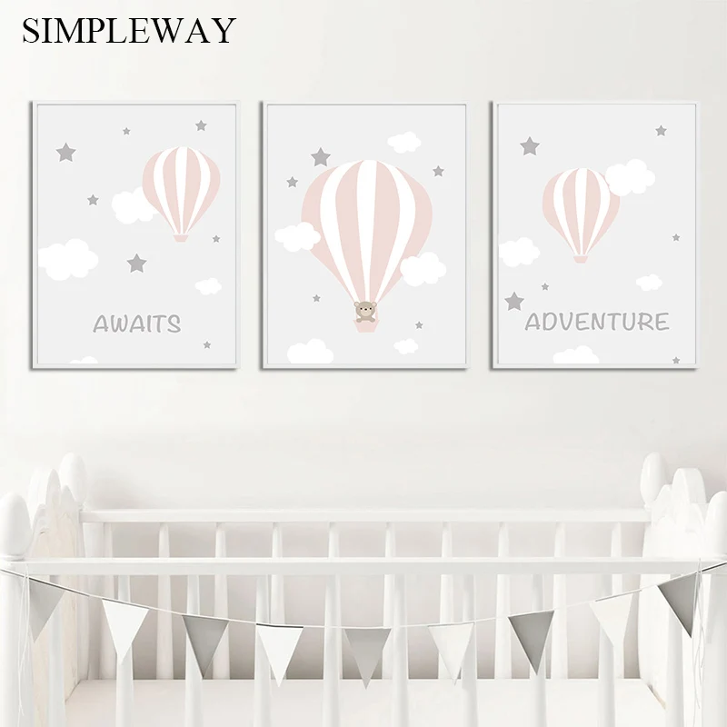 

Cartoon Bear Balloon Travel Nursery Child Poster Wall Art Canvas Print Painting Nordic Kids Girl Bedroom Decoration Picture