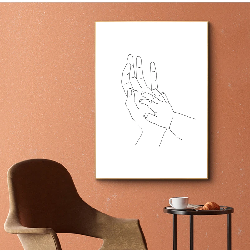 Wall Art Canvas Painting Nordic Poster for Kids Room Hands Line Drawing Art Print Nursery Wall Decor , Mom Baby Hands Minimalist