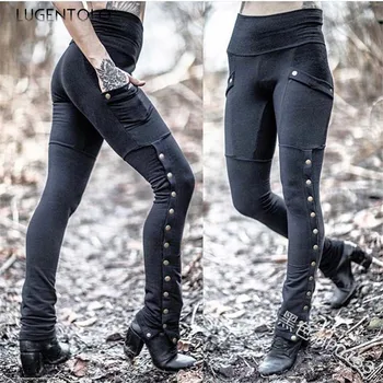 

Lugentolo Women Pants Studded Split Sexy Solid Color Autumn Slim Stretch Elastic Waist Full Length Streetwear Flat