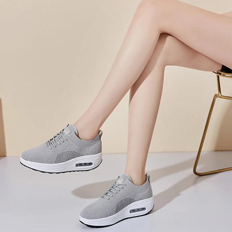 Women Flat Shoes Comfortable Platform Shoes Mesh Casual Sneakers Thick Heel Swing Wedges Shoes Black Lace Up Walking Shoes