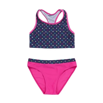 

Two Pieces Kids Baby Girls swimwear+Patchwork shorts set Child Polyester Dot Sleeveless Swimsuit vest swimming clothes A40