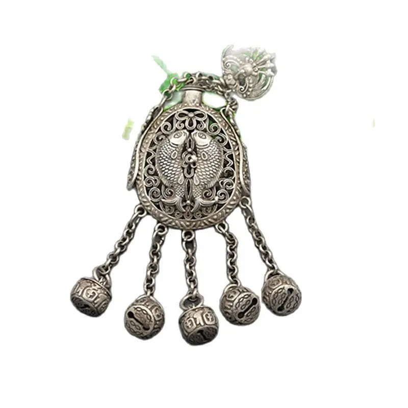 

Collect archaized pendant hidden silver hollow-out double fish perfume pouch pendant