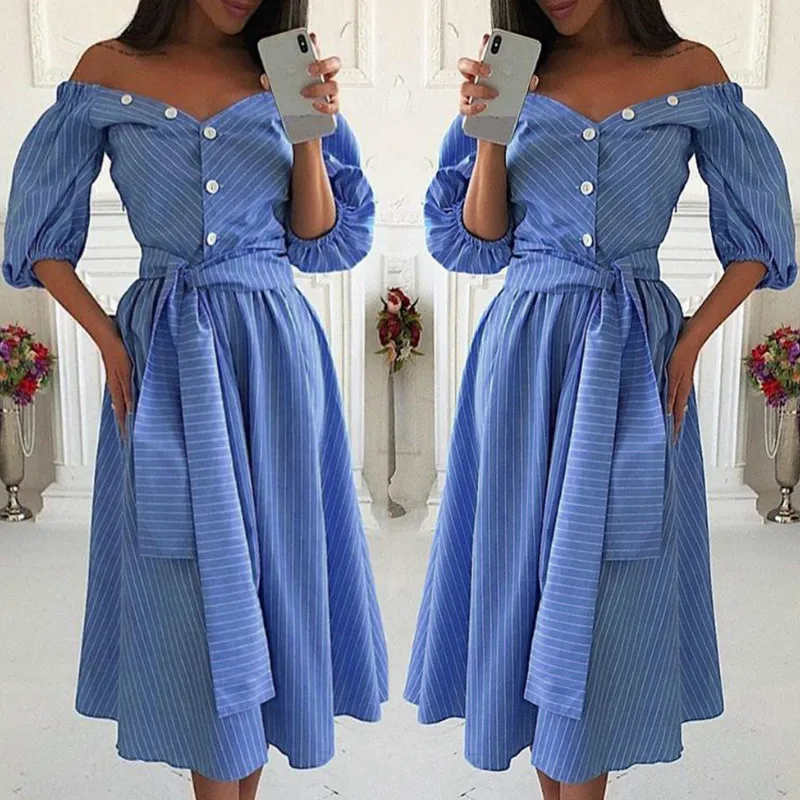

2019 Fashion Women Elegant Striped A-Line Dress Ladies 3/4 Lantern Sleeve Cold shoulder Holiday Sundress Casual OL