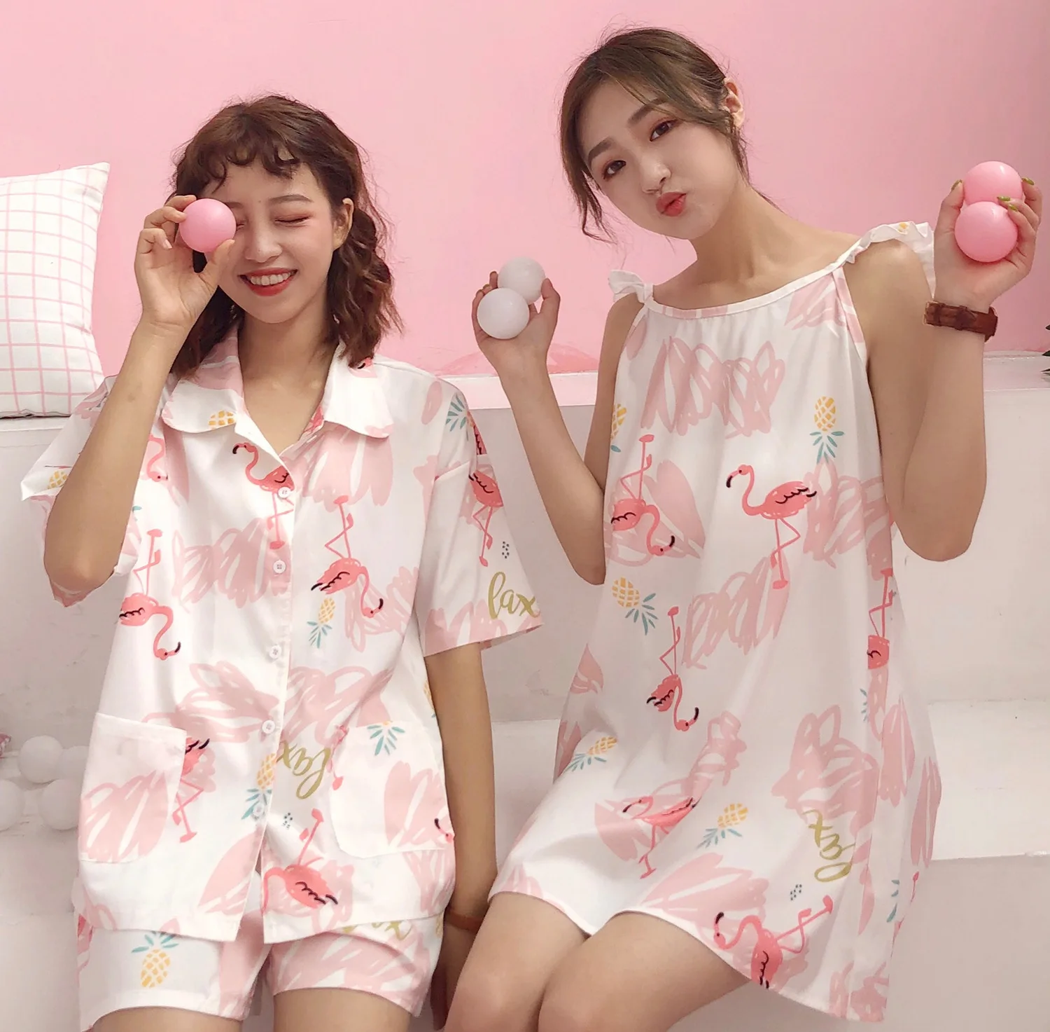

Photo Shoot 2019 Spring Summer New Style WOMEN'S Dress Sweet Flamingo Short Sleeve Pajamas Nightgown Homewear Set