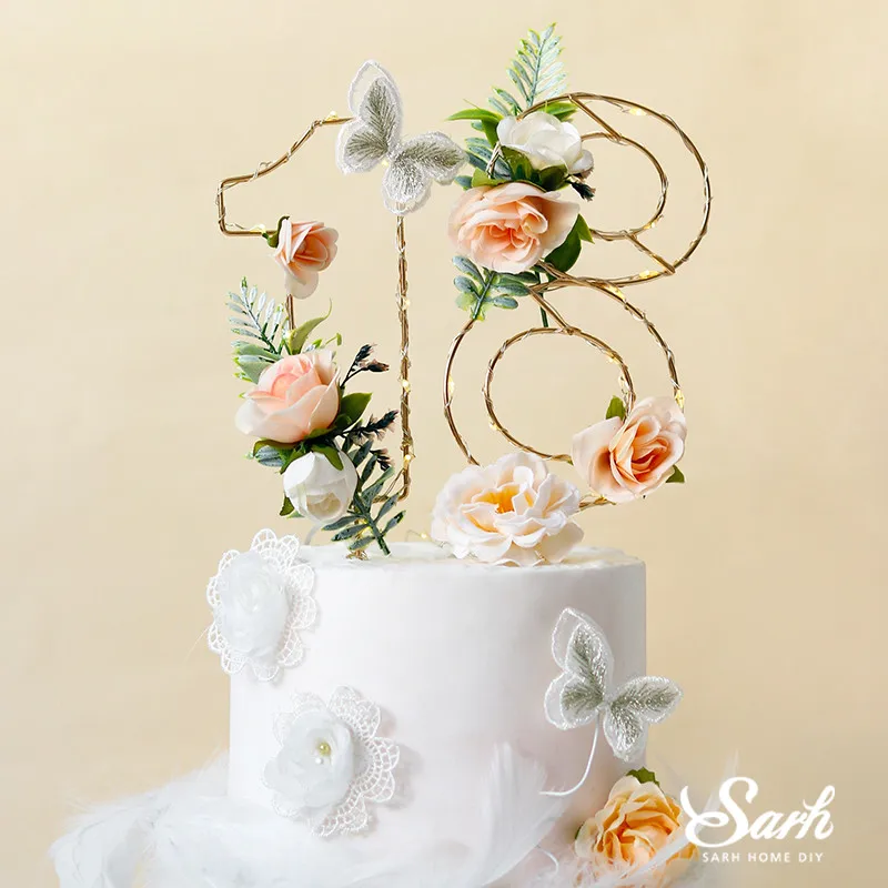 

25cm Iron "18" One Eight Cake Toppers Flower Rose Decor for Birthday Party Adult Ceremony Wedding Baby Baking Supplies Love Gift