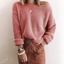 

2021 Casual Pullover Temperament Women's Autumn and Winter Solid Color Loose Diagonal Collar Top Long Sleeve Knitted Sweater