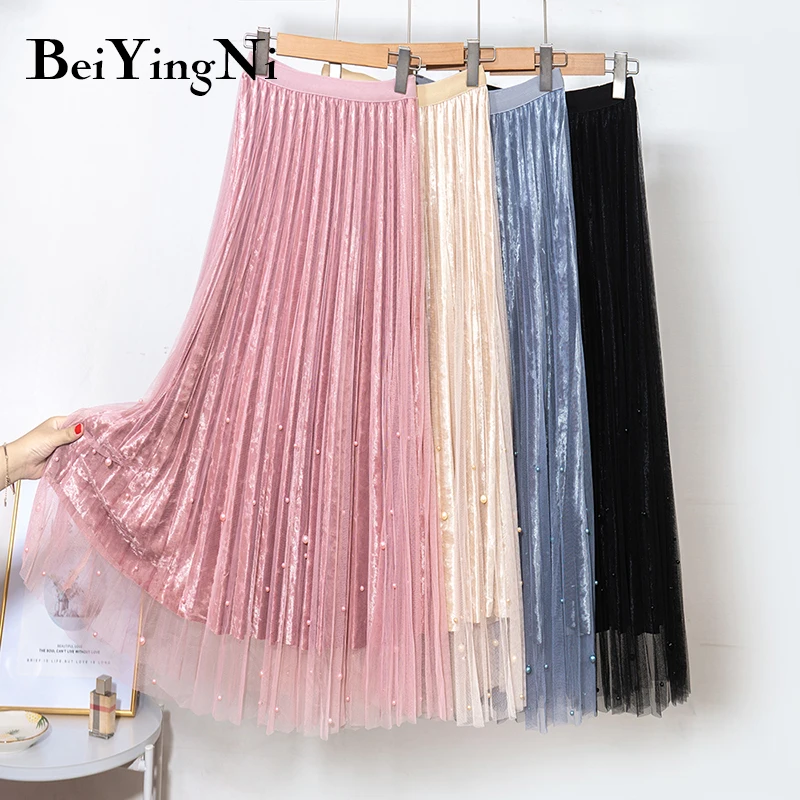 Beiyingni Pleuche Тюлевая юбка Бисероплетение Повседневная Высокая талия плиссированные юбки миди Женская однотонная элегантная Корейская Осенняя Зимняя юбка