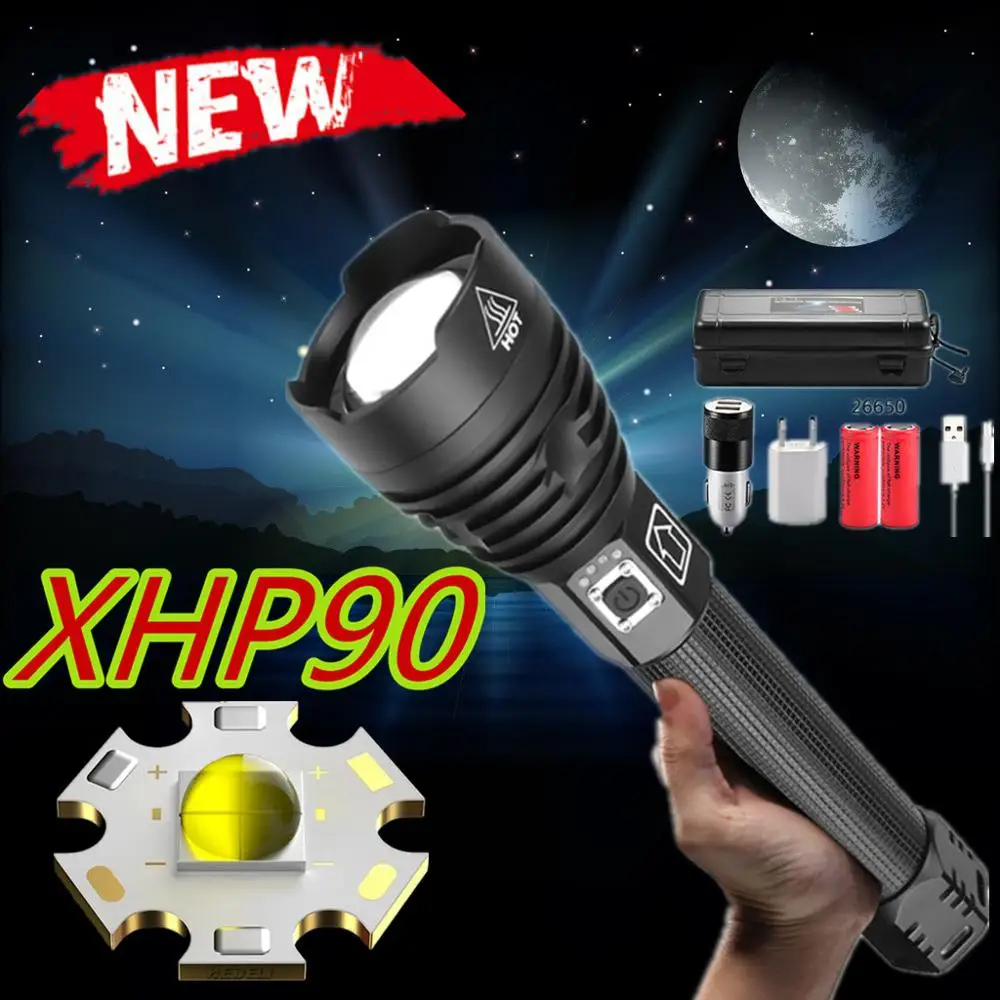 Для дропшиппинга светодиодный фонарик XHP90 мощный 26650 батарея Мощный тактический