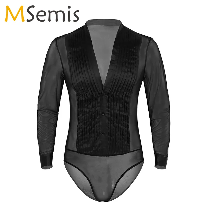 

Men Latin Dance Top Ballroom Dance Leotard Deep V-neck Long Sleeve See Through Sheer Mesh Splice Bodysuit Tops Competition Shirt