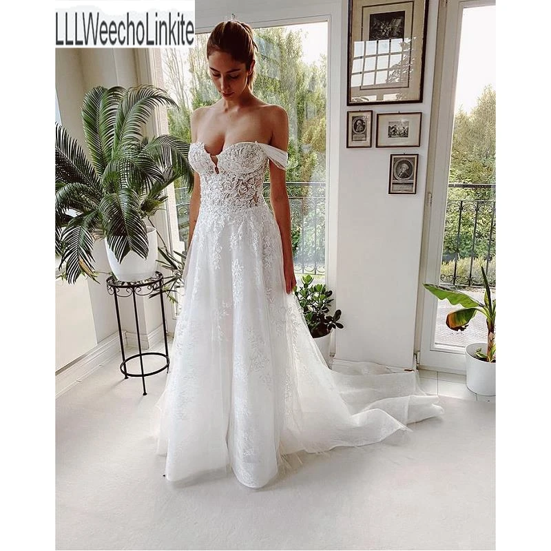 

White Lace Organza Tulle Off The Shoulder Floor-Length A-Line Wedding Dresses Chapel Train Sweetheart Bridal Gowns