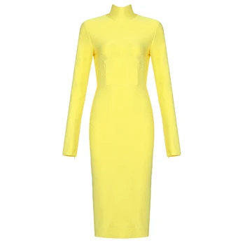

chic solid yellow woman dress winter 2019 stylish lady back zipper long sleeve skinny turtle neck knee length bandage dress