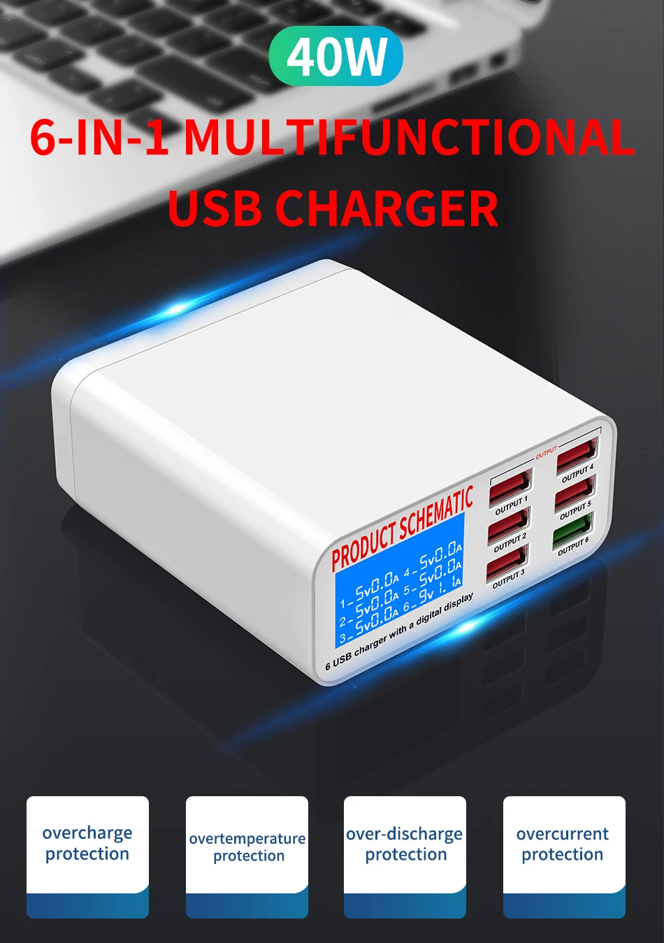 iHaitun Universal 40W Multi 6-Port USB Charger Desktop Charging Station Power Adapter Hub Travel Charger For iPhone Smartphone