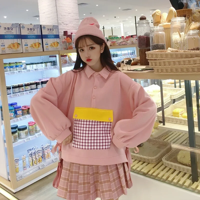 Осенние милые женские толстовки Harajuku в клетку с большим карманом в консервативном стиле, свитер с отложным воротником, пуловер, топы