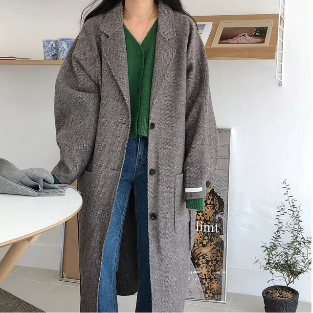 Korean Vintage Overcoat Slim Loose Long Sleeve Turn Down Collar Single Breasted Autumn Winter Casual Woolen Coat Plus Size