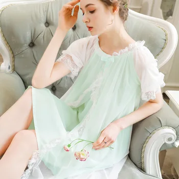 

Sexy lingerie sleep wear women summer dress plus size Modal Ice Silk Loose vintage nightgowns Round Neck Short sleeve long skir