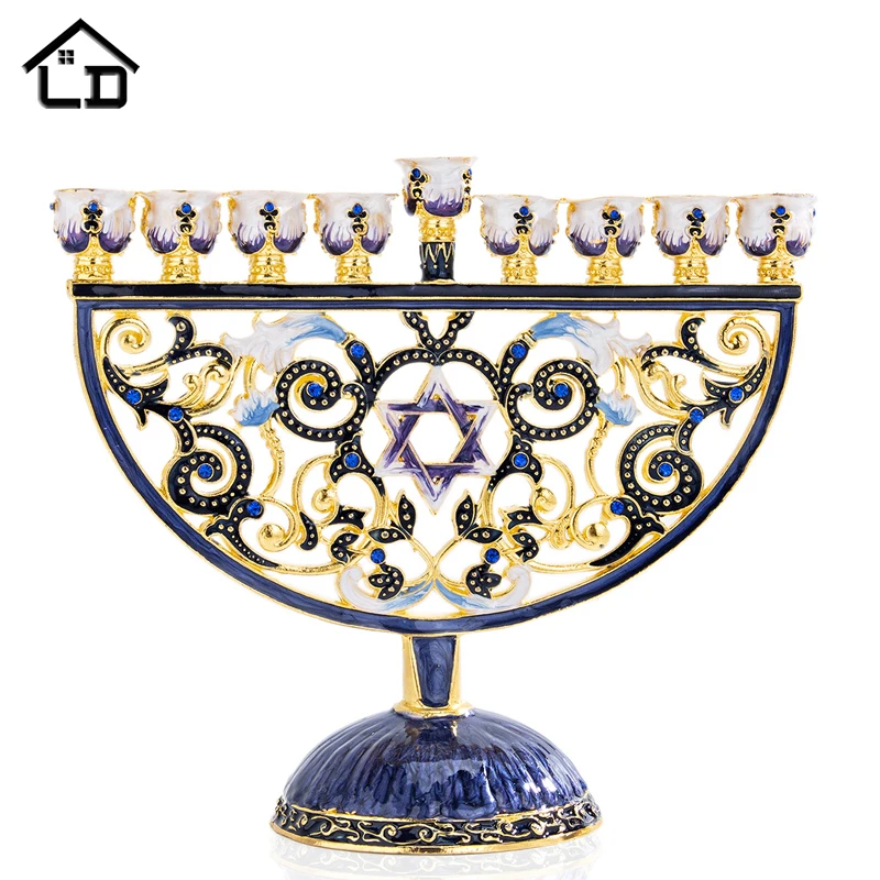 

LD 9 Branches Hand Painted Hanukkah Menorah Judaism Star of David Enamel Candlesticks Chanukah Candelabra Embellished Crystals