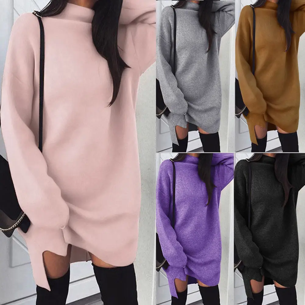 2020 Brand Women Knitted Dress Turtleneck Autumn Winter Clothes Long Sleeve Solid Warm Stand Collar Soft Cotton Female Vestidos | Женская