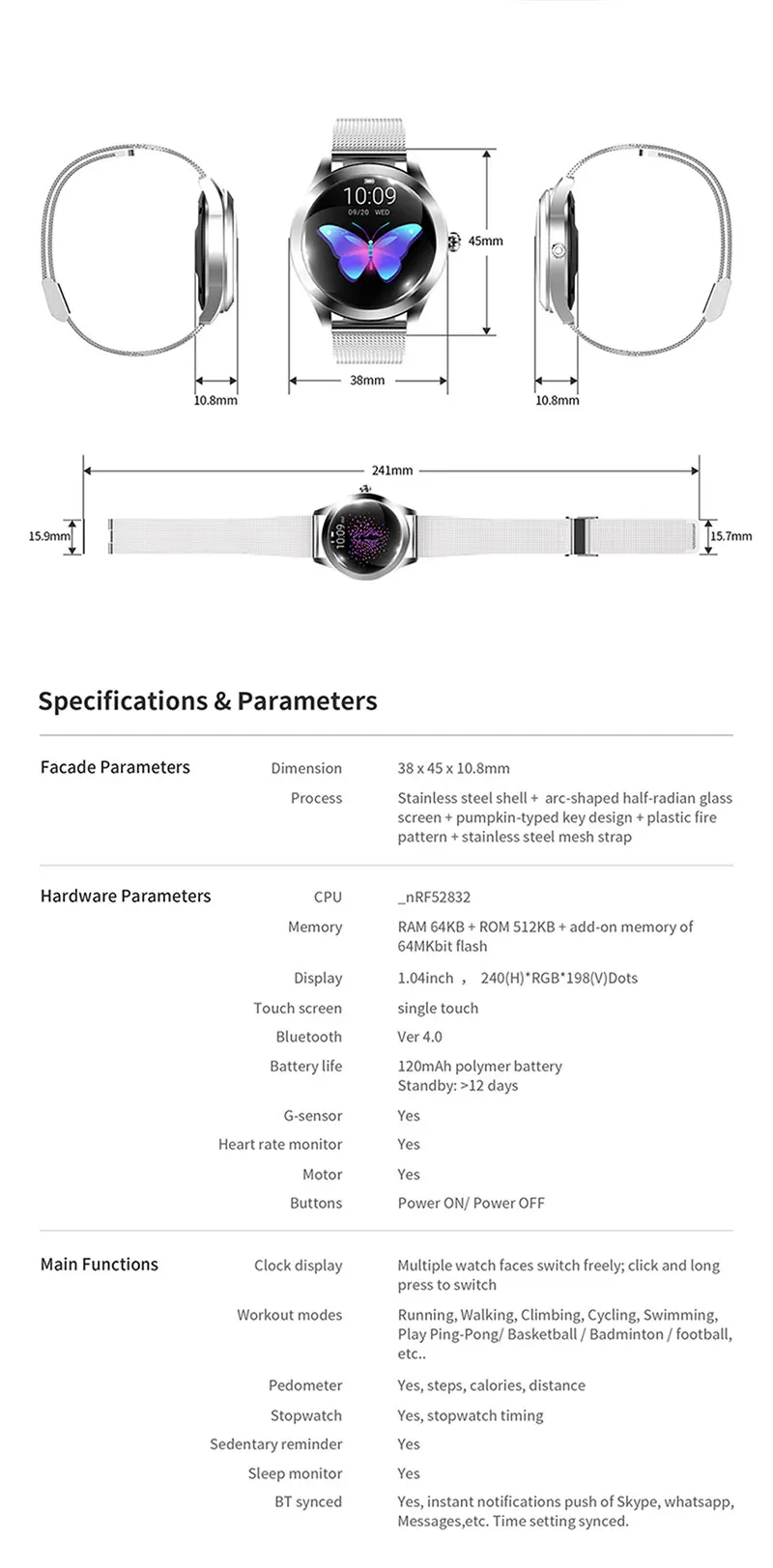 KW10 женские Смарт-часы спортивные женские браслет «Умные» часы IP68 водонепроницаемый монитор сердечного ритма для Android IOS спортивный трекер