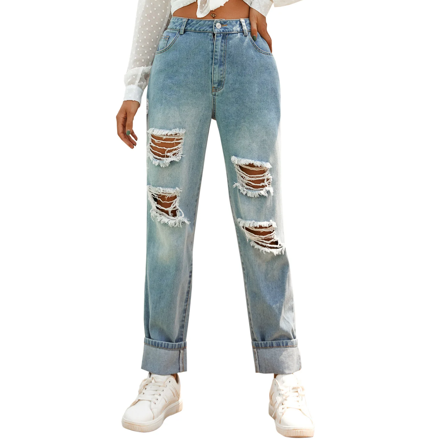 Sexy Ripped Hole Jeans Spring Women Retro Loose Washed High Waist Jeans Female Fashion Pockets Zipper Straight Jeans