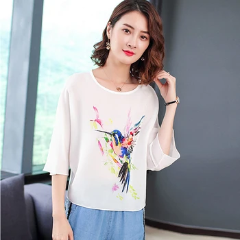 

100% Silk Blouse Women Tee-Shirt Bird Printed Fabric Simple V Neck Short Sleeves Loose Casual Top New Fashion