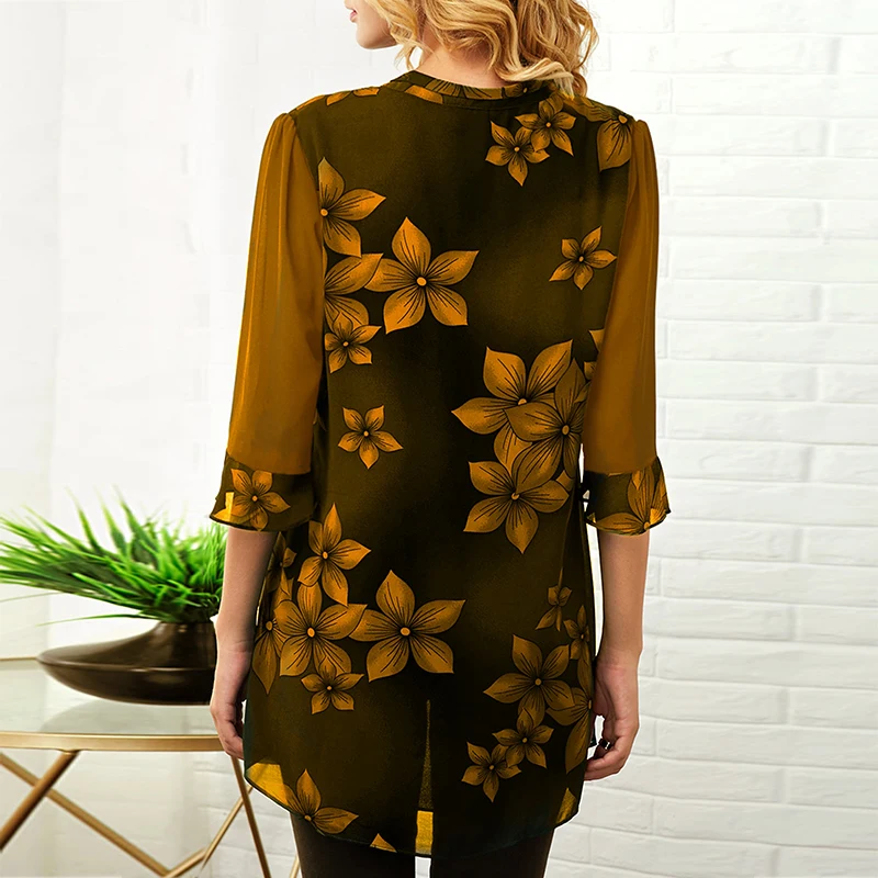 5XL Plus Size Womens Tops And Blouses 2020 Elegant Vintage Floral Print Women's Shirt Irregular Half Sleeve Female Chiffon Tunic