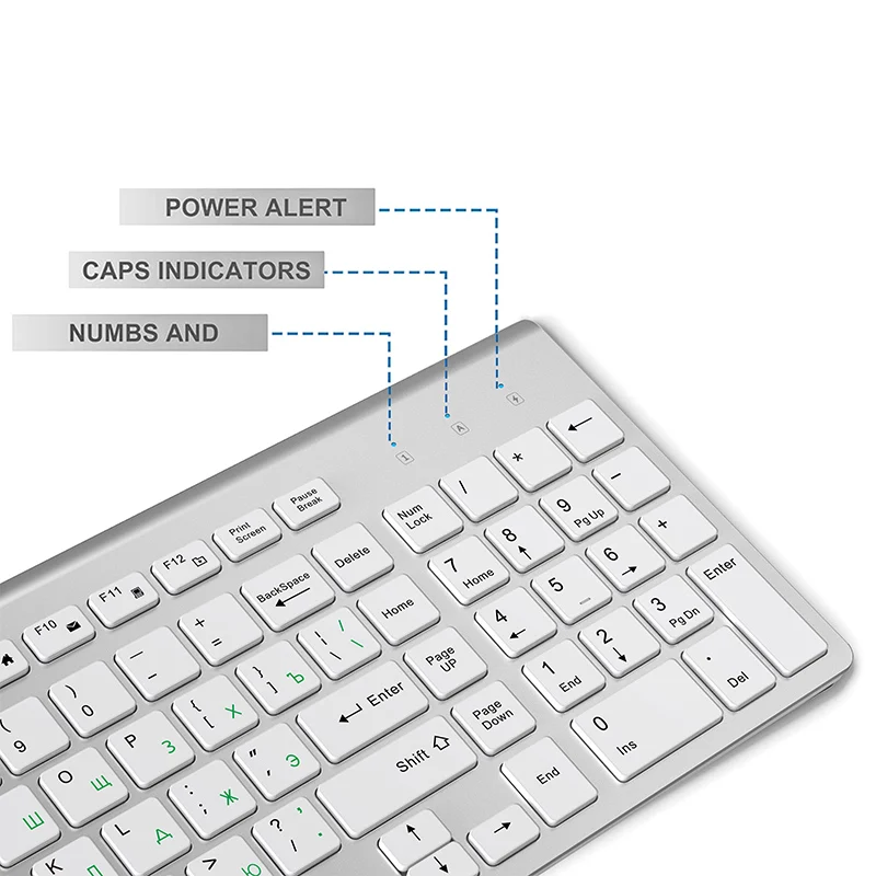 Русская версия 2,4g Беспроводная клавиатура и мышь, эргономика, портативный полноразмерный, USB интерфейс, высококачественный модный серебристо-белый