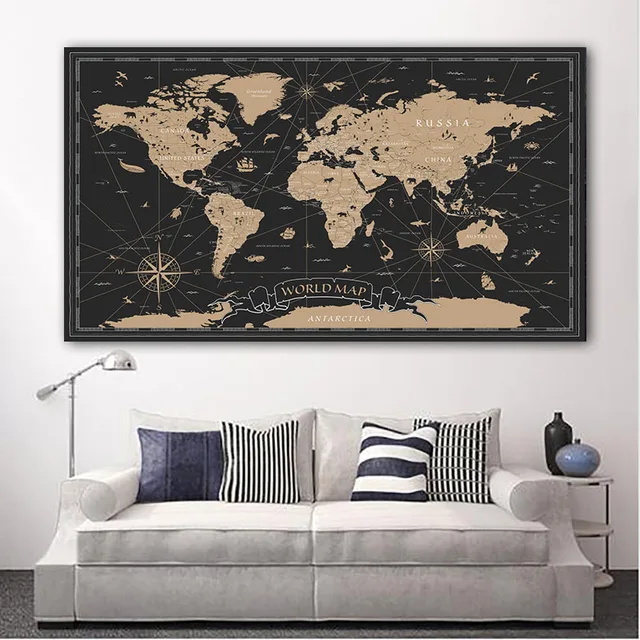 RELIABLI ART World Map Black and White Pictures Classic Style Canvas Paintings Modern Home Wall Decoration Posters Frameless 1719354706