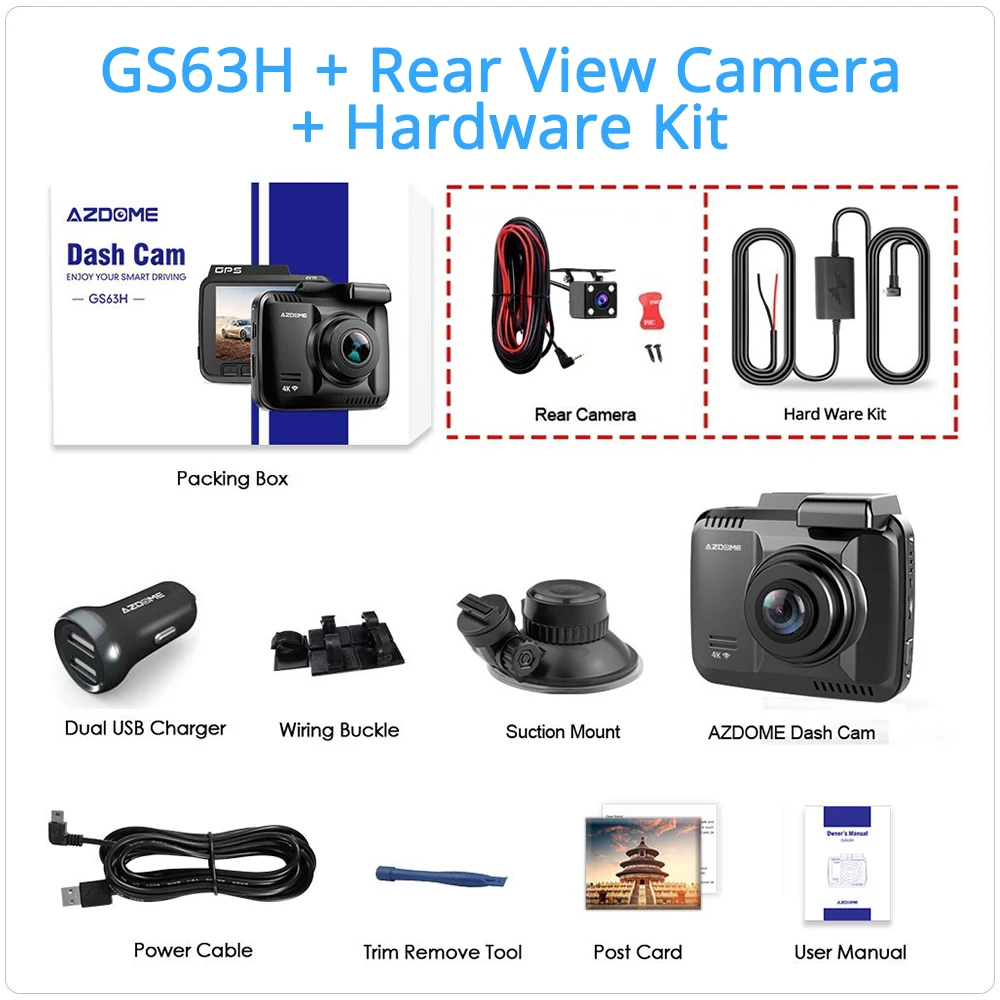 AZDOME Dash Cam GS63H 4K intégré GPS vitesse coordonnées WiFi DVR double lentille voiture caméra tableau de bord caméra Vision nocturne Dashcam 24H parc