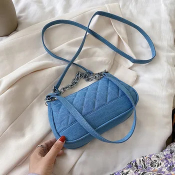 

Vintage Armpit Bag Women Baguette Shoulder Diamond Lattice Bags Female Acrylic Chain Leisure Totes Messenger Small Denim Purse