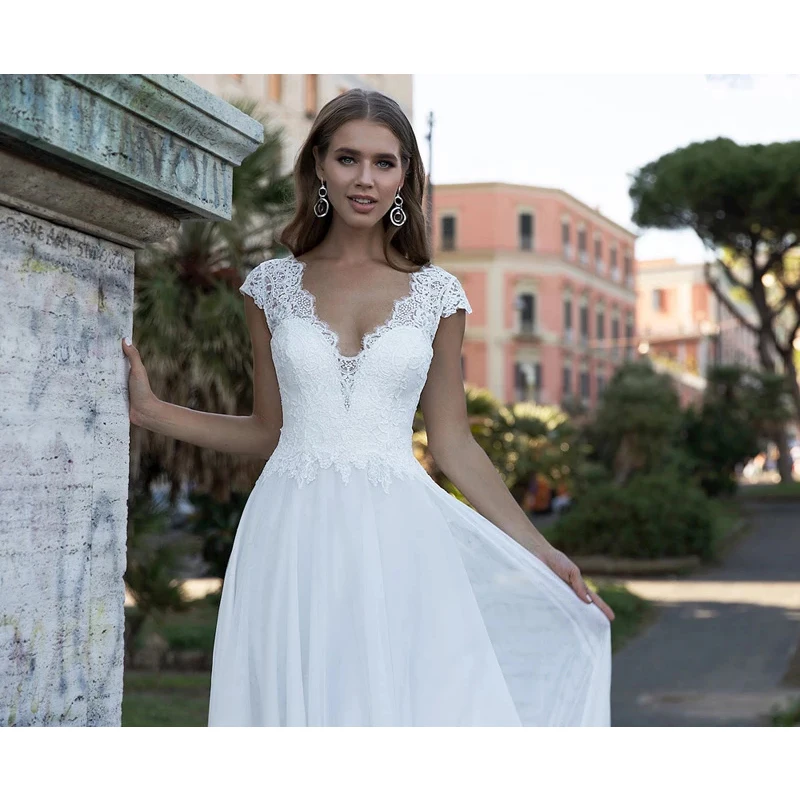 bridal dresses Bohemian Wedding Dress V-Neck Cap Sleeve A Line Boho Simple Bridal Gowns Vestido De Noiva Elegant Bride Dresses modest wedding dresses