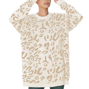 

Women Leopard Loose Sweater Round Neck Long Sleeve Casual Sweater Tops -MX8