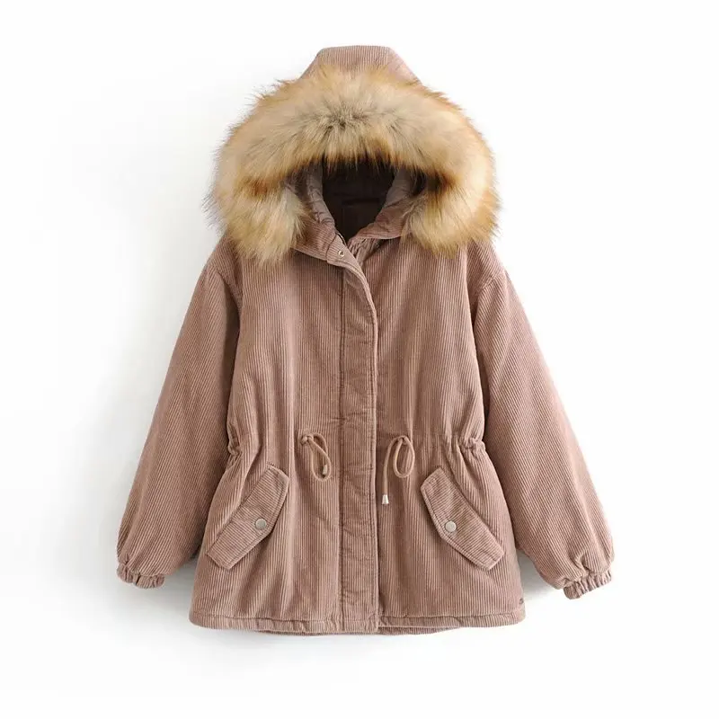 

Autumn And Winter New Style Europe And America WOMEN'S Dress-Style Artificial Fur Clothing Hooded Corduroy Pike Cotton Overcoat