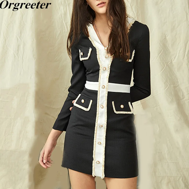 2019 осеннее Новое роскошное женское классическое черно белое вязаное платье с v