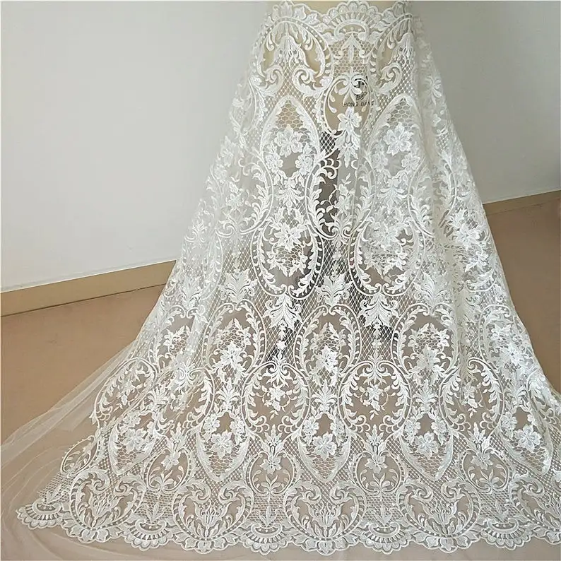 

Newest Heavy Embroidered Lace Fabric Wedding Dress Fabric Bridal Lace Fabric With Glitter Sequins 51“ Width By The Yard