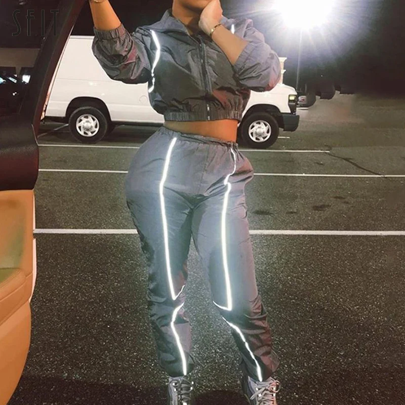 

SFIT Women Sexy Reflective Tracksuit Night Version Buttons Turn Down Collar Long Sleeve Crop Top + Casual Pants Two Piece Set
