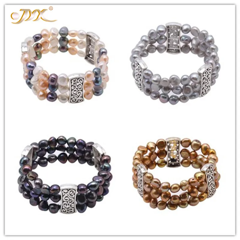 

JYX Colorful natural pearl bracelet 3 strands 8.5-9mm elastic adjustable fashion pearls bracelet 7" women gift
