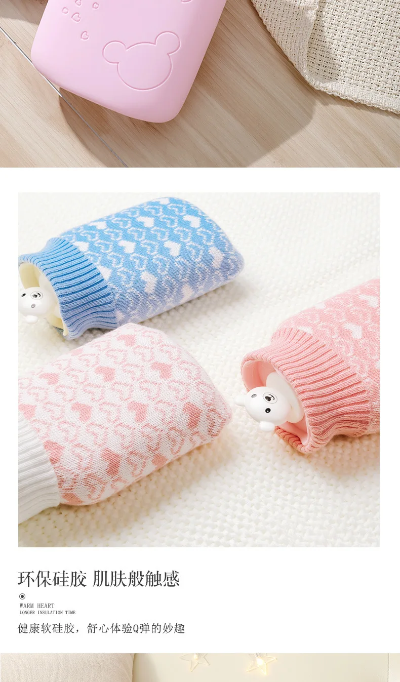 Silicone Hand Warmer With Knit Cover Cartoon Hot Water Bags Injection Storage Bag Tools Cute Mini Hot Water Bottle Portable