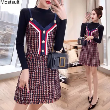

2020 Autumn Winter Vintage Fashion 3 Piece Set Women Plus Size Long Sleeve Pullover Knit Tops+tweed Vest + Tweed Skirt Set Suit