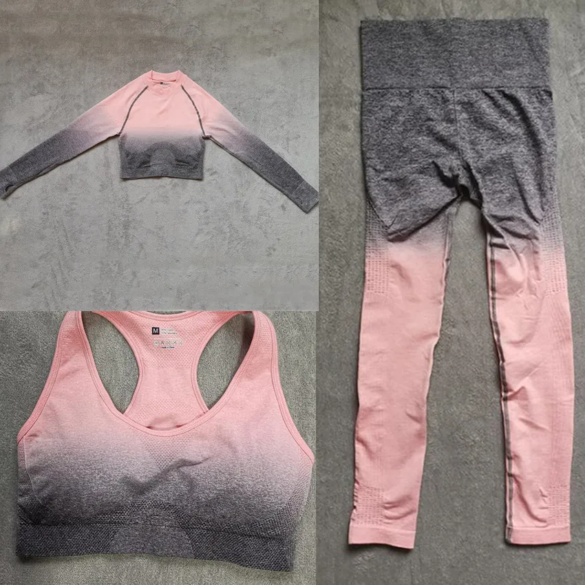 CB51 dark pink 3pcs Комплект из 3 предметов на зиму, Для женщин Бесшовные Йога Комплект спортивная одежда с длинным рукавом футболки Высокая Талия бег легинсы, штаны для фитнеса, спортивный костюм - Цвет: CB51 dark pink 3pcs