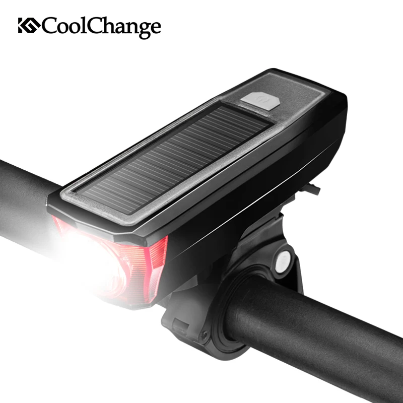 Flash Deal CoolChange Solar Bike Light Waterproof USB Rechargable Torch Cycling Horn Light Headlight Night Riding Safety Bicycle Light Bell 0