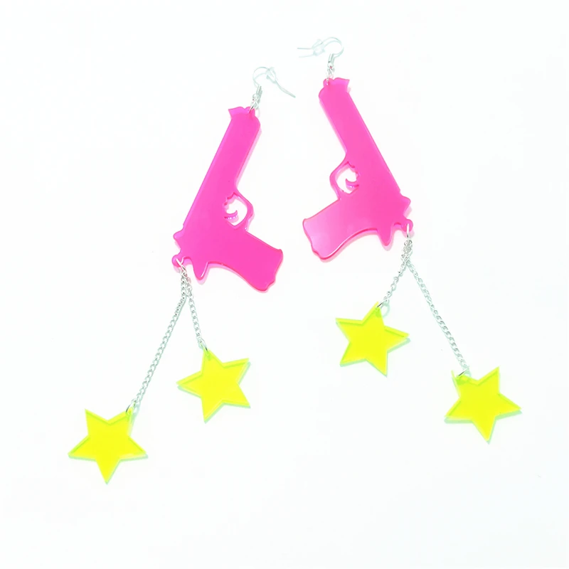 KUGUYS 17 cm superlange baumelnde Ohrringe für Damen, Acryl, neonpink, Gun Stars, Hiphop-Rock-Schmuck, Punk-Accessoire – Detail 4